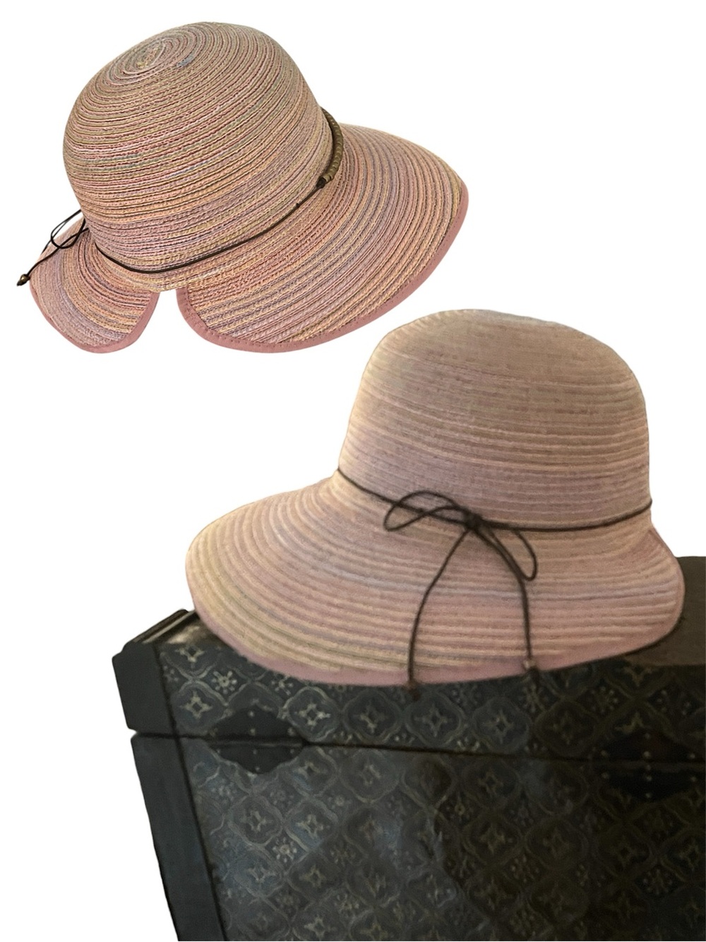 Downton Abbey Wide Brim Woven Straw Sun Hat with Ombre Pink and Gold Coloring